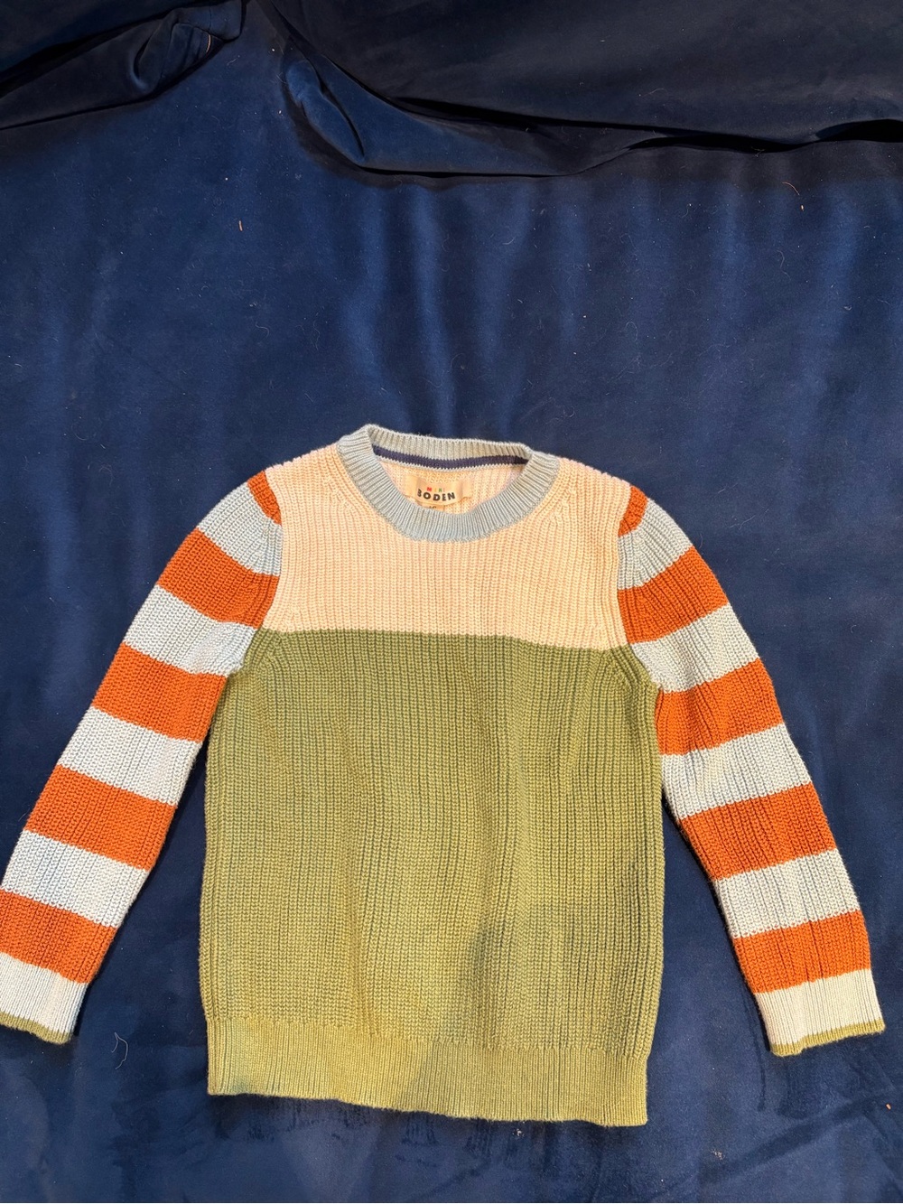Boden Colorblock Crewneck Sweater in Olive, Cream & Orange